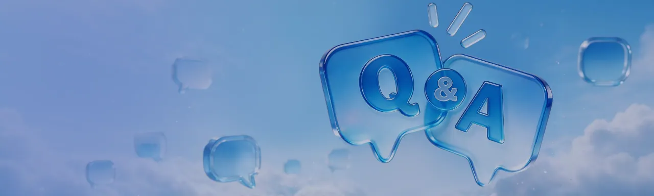 Blue glass question marks floating in the sky