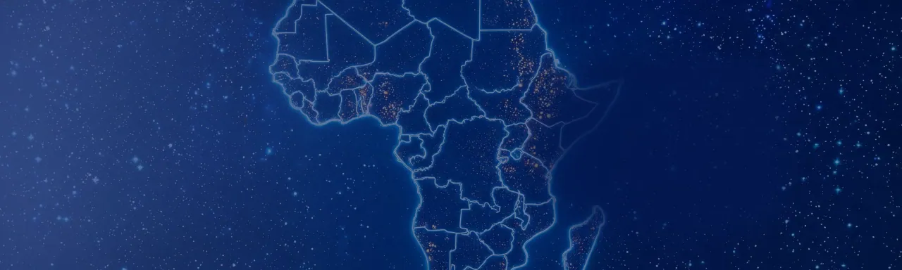 Nighttime map of East Africa with illuminated cities and borders