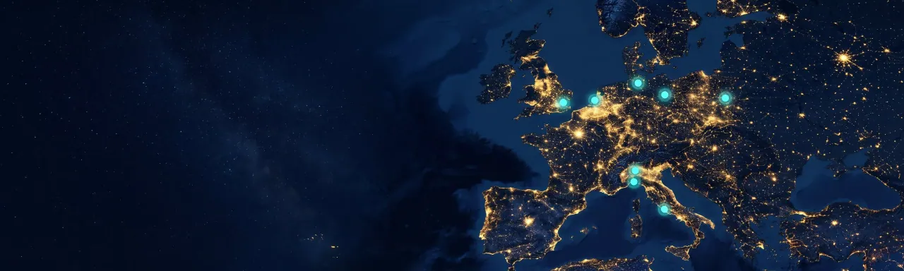 Night-lights map of Europe with Poland, Italy and UK gateways highlighted
