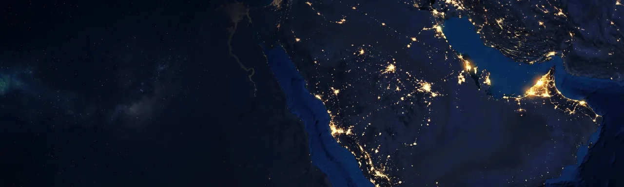 Night-lights map of the Arabian Peninsula and the Gulf with Dubai, Jeddah and Dammam highlighted