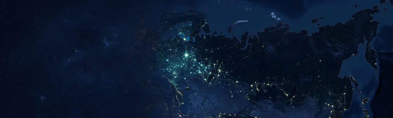 Night-lights map of Russia and the CIS with Moscow and St Petersburg highlighted
