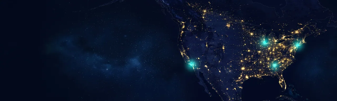 Night-lights map of North America with US wholesale gateways highlighted