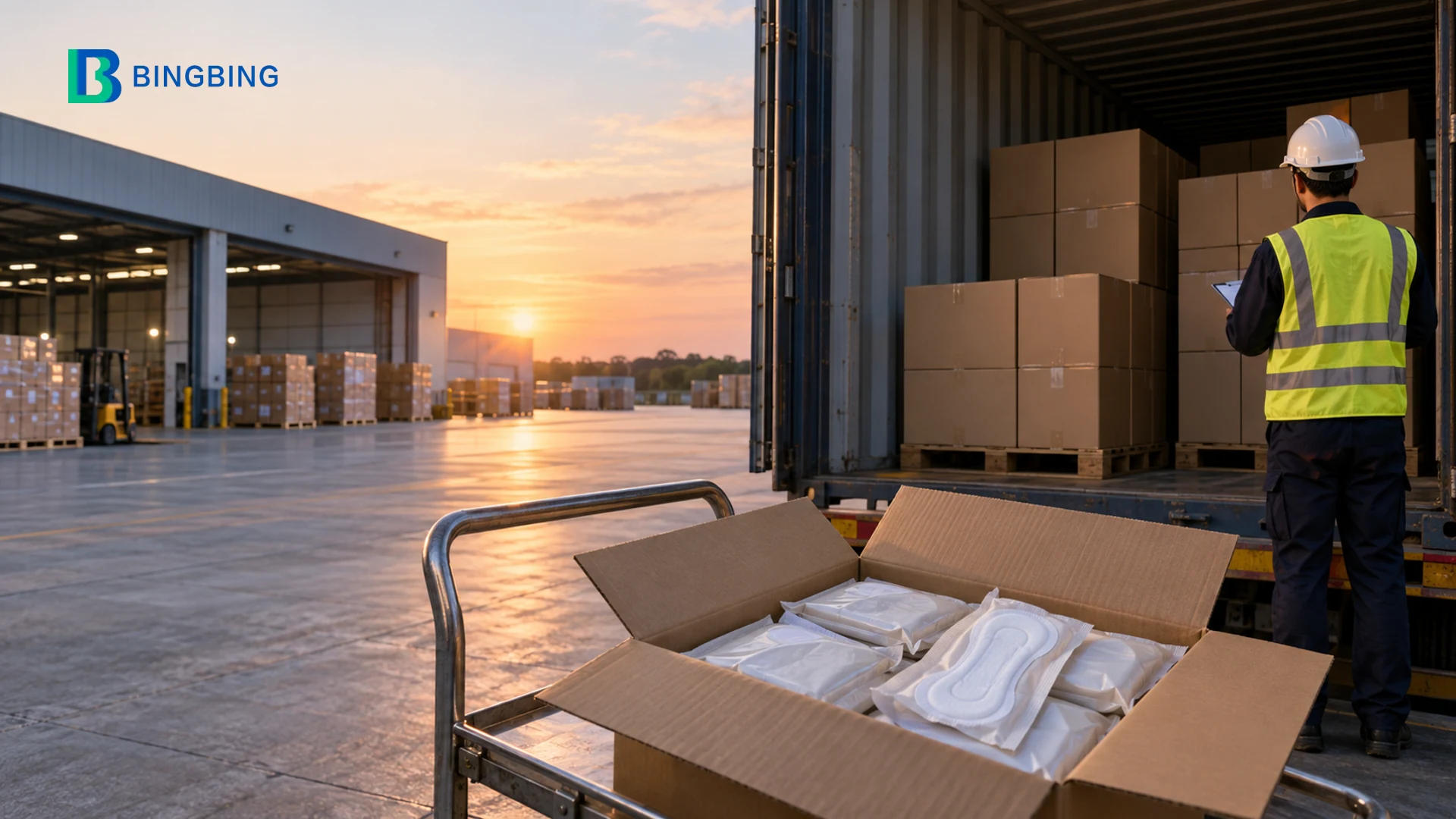 Cartons and samples at a container loading bay