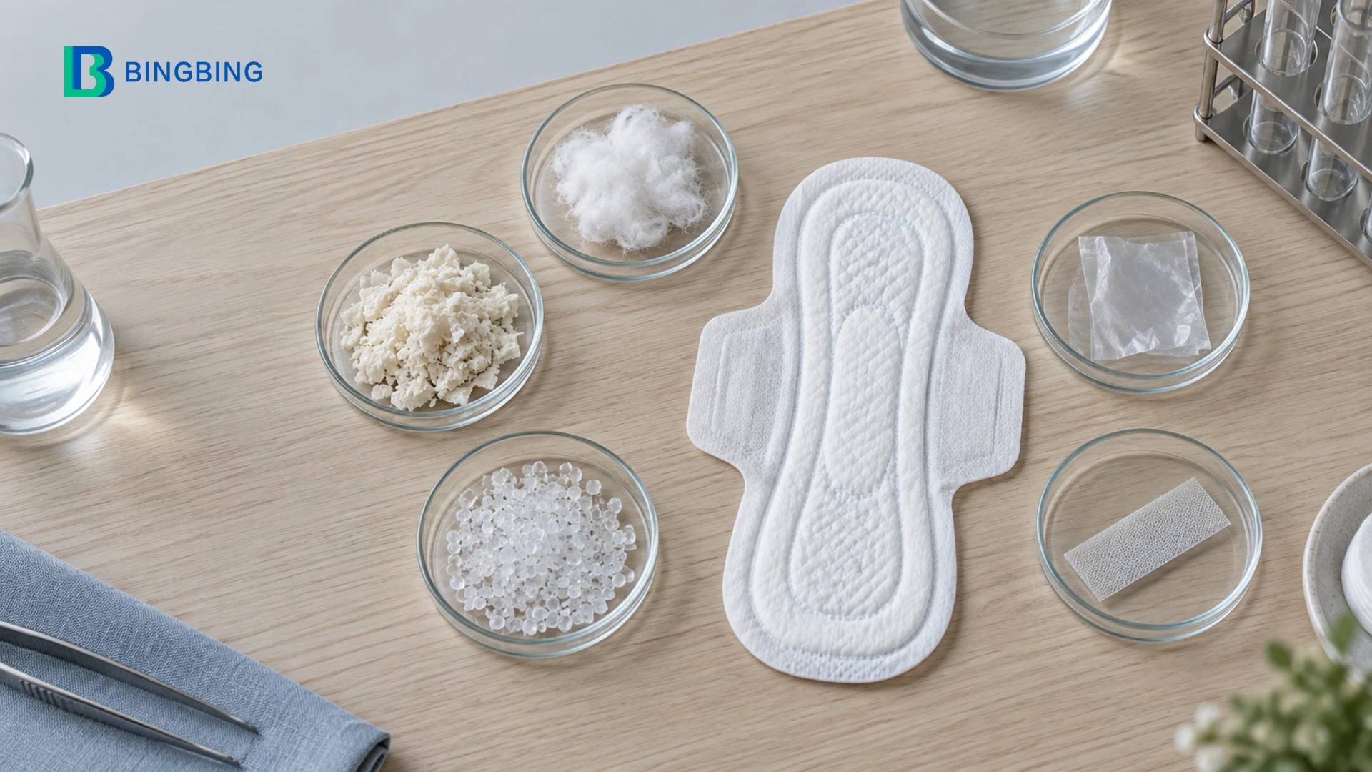 Illustrative material-science still life separating a sanitary pad into fiber, absorbent core, polymer and adhesive components.
