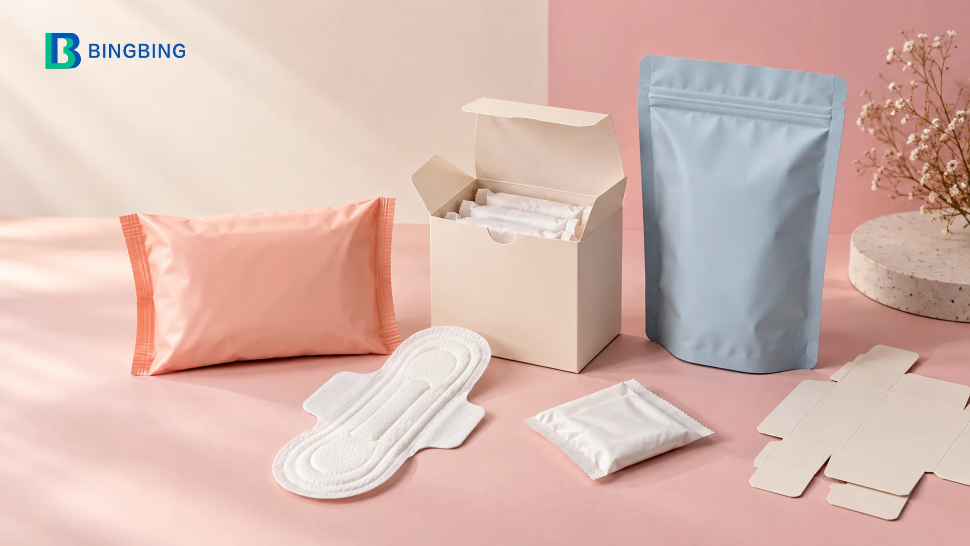 Different unbranded sanitary pad packaging formats