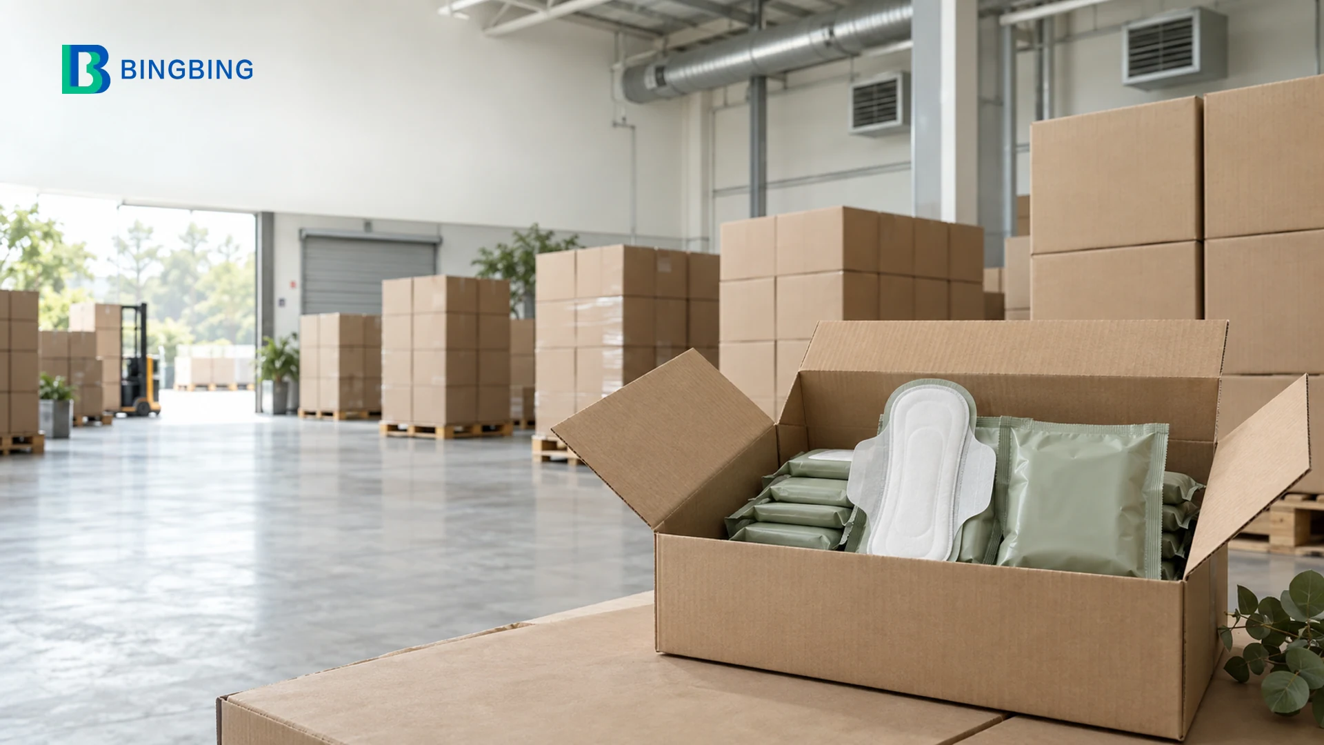 Packed cartons and sanitary pad pouches in a dry warehouse